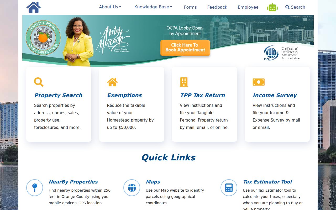 Orange County Property Appraiser search dashboard for parcel and owner records