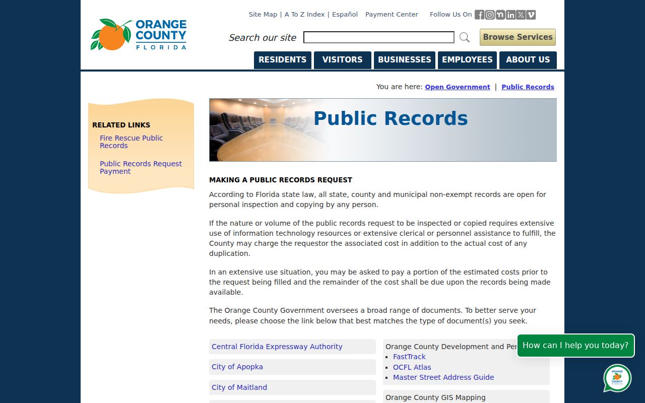 Orange County public records request routing page