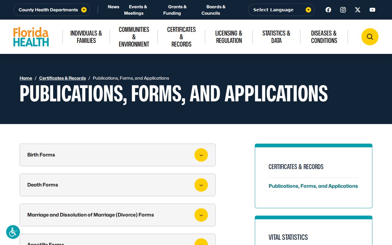 Florida vital record application and form library