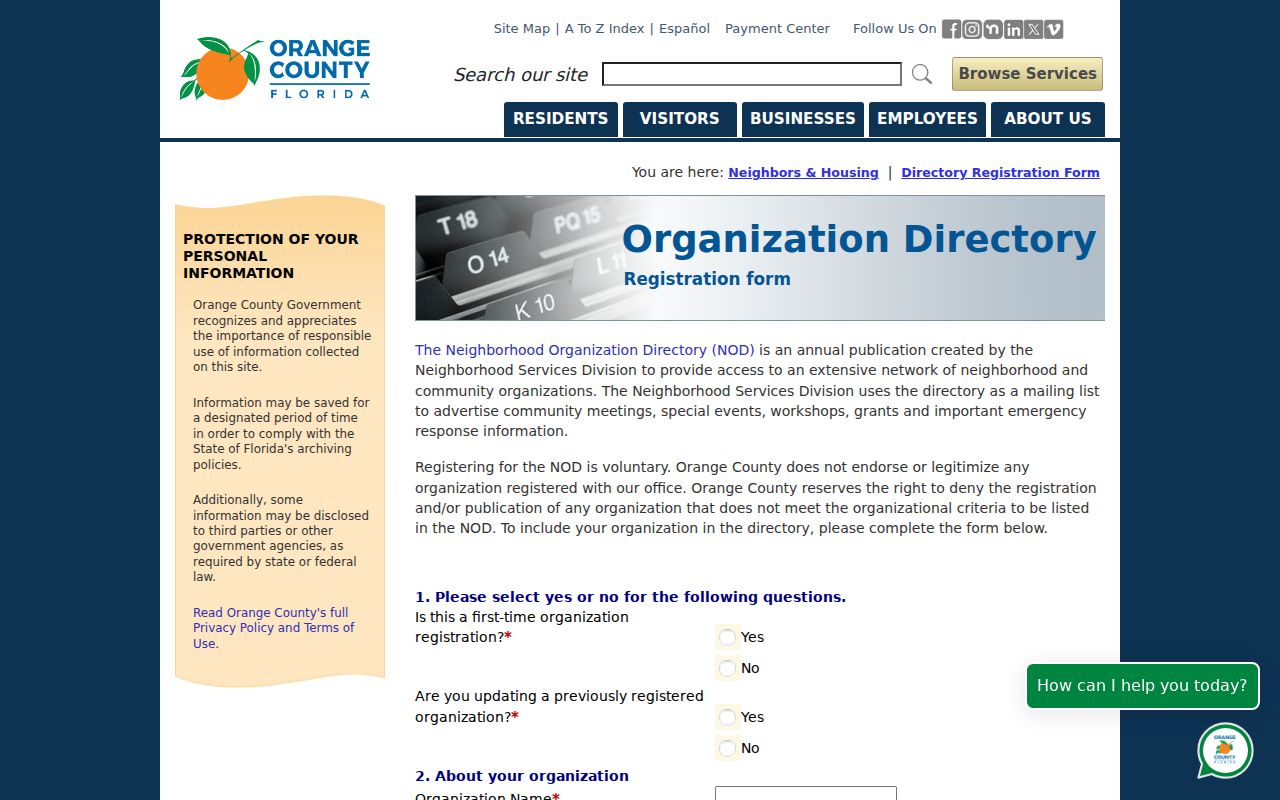 Orange County neighborhood organization directory registration