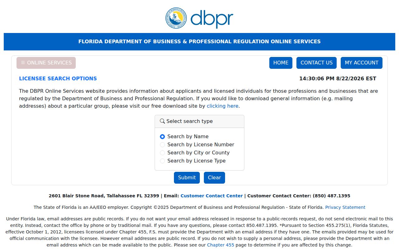 Florida DBPR license verification search for an Orange County name