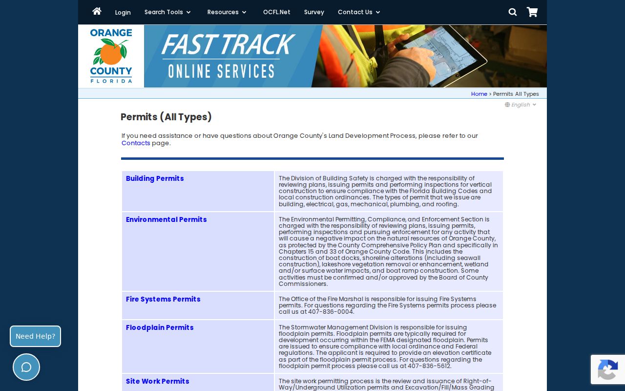 Orange County FastTrack permit search fields for an address