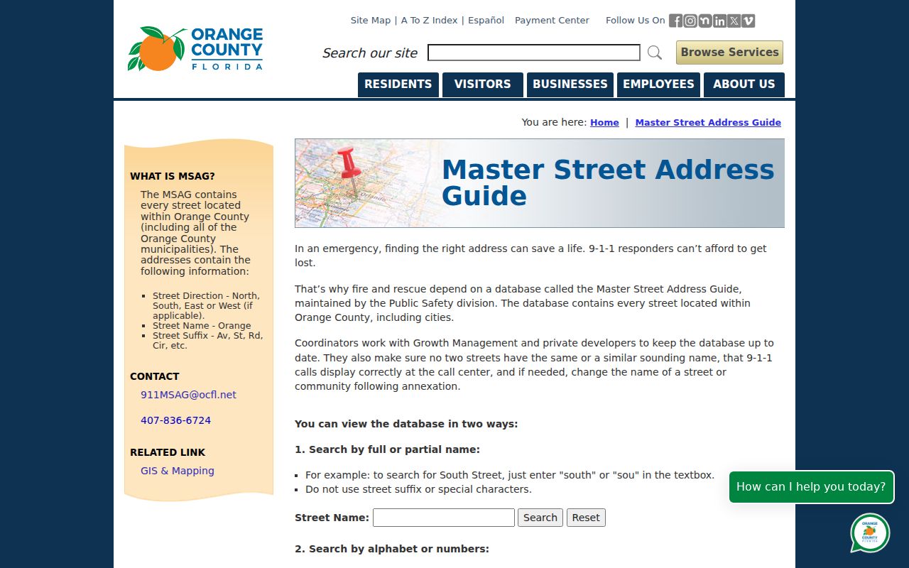 Orange County Master Street Address Guide search and alphabet browse